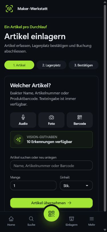 SmartDepot-Einlagerung mit Audio, Foto, Barcode und Vision-Guthaben